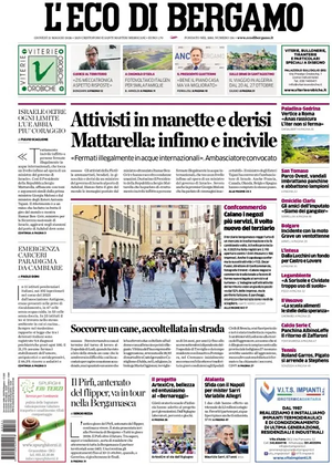 Prima pagina L'Eco di Bergamo di oggi - Quotidiano regionale