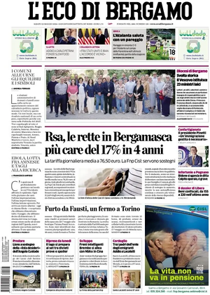 Prima pagina L'Eco di Bergamo di oggi - Quotidiano regionale