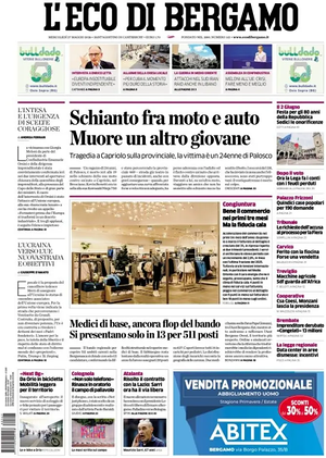 Prima pagina L'Eco di Bergamo di oggi - Quotidiano regionale