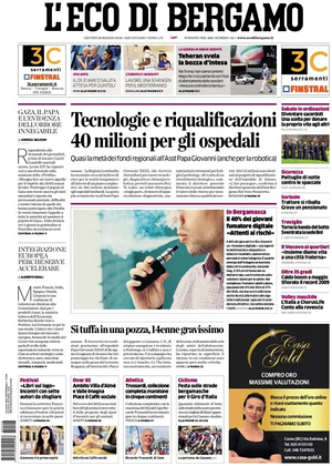 Prima pagina L'Eco di Bergamo di oggi - Quotidiano regionale