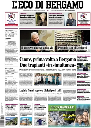 Prima pagina L'Eco di Bergamo di oggi - Quotidiano regionale
