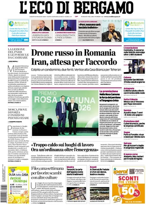 Prima pagina L'Eco di Bergamo di oggi - Quotidiano regionale