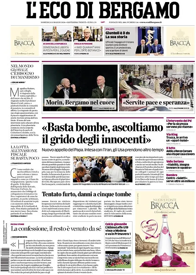 Prima pagina L'Eco di Bergamo di oggi - Edicola 31 Maggio 2026