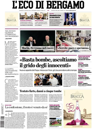 Prima pagina L'Eco di Bergamo di oggi - Quotidiano regionale