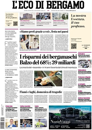 Prima pagina L'Eco di Bergamo di oggi - Quotidiano regionale
