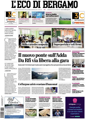 Prima pagina L'Eco di Bergamo di oggi - Quotidiano regionale