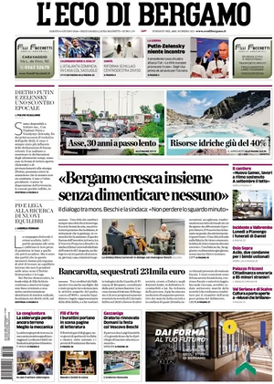 Prima pagina L'Eco di Bergamo di oggi - Quotidiano regionale