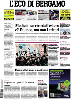 Prima pagina L'Eco di Bergamo di oggi - Quotidiano regionale