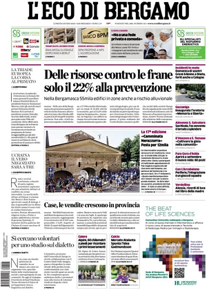 Prima pagina L'Eco di Bergamo di oggi - Quotidiano regionale