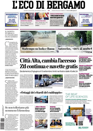 Prima pagina L'Eco di Bergamo di oggi - Quotidiano regionale