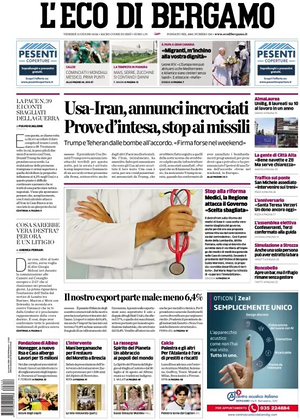 Prima pagina L'Eco di Bergamo di oggi - Quotidiano regionale