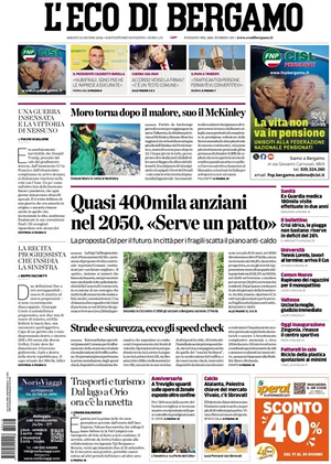 Prima pagina L'Eco di Bergamo di oggi - Quotidiano regionale