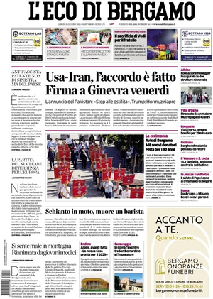 Prima pagina L'Eco di Bergamo di oggi - Quotidiano regionale