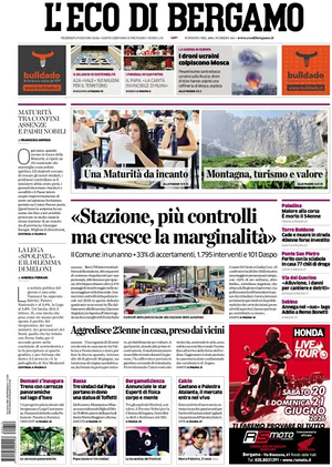Prima pagina L'Eco di Bergamo di oggi - Quotidiano regionale