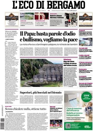 Prima pagina L'Eco di Bergamo di oggi - Quotidiano regionale