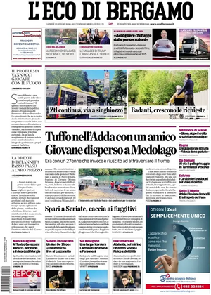 Prima pagina L'Eco di Bergamo di oggi - Quotidiano regionale