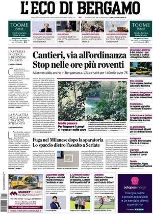 Prima pagina L'Eco di Bergamo di oggi - Quotidiano regionale
