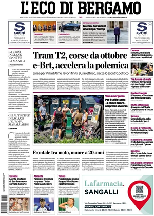 Prima pagina L'Eco di Bergamo di oggi - Quotidiano regionale