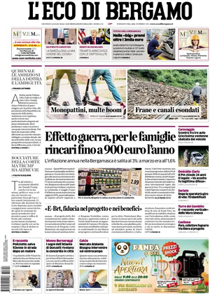 Prima pagina L'Eco di Bergamo di oggi - Quotidiano regionale