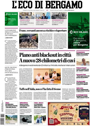 Prima pagina L'Eco di Bergamo di oggi - Quotidiano regionale
