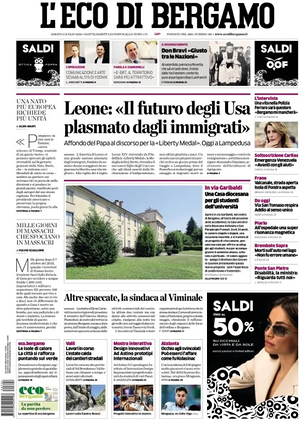 Prima pagina L'Eco di Bergamo di oggi - Quotidiano regionale