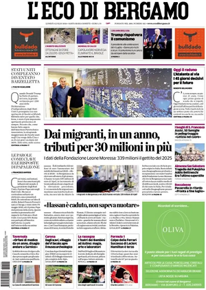 Prima pagina L'Eco di Bergamo di oggi - Quotidiano regionale