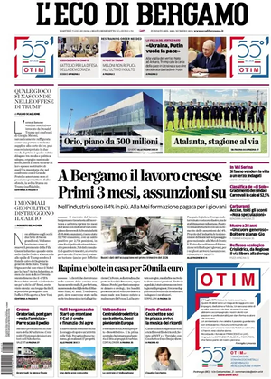 Prima pagina L'Eco di Bergamo di oggi - Quotidiano regionale