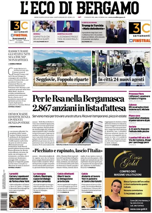 Prima pagina L'Eco di Bergamo di oggi - Quotidiano regionale
