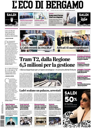 Prima pagina L'Eco di Bergamo di oggi - Quotidiano regionale