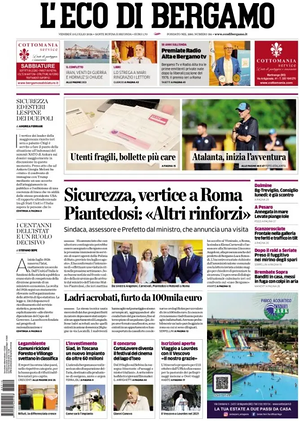 Prima pagina L'Eco di Bergamo di oggi - Quotidiano regionale