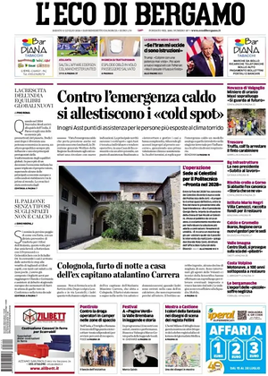 Prima pagina L'Eco di Bergamo di oggi - Quotidiano regionale