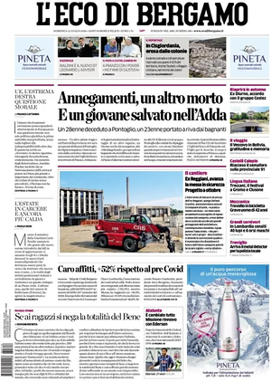 Prima pagina L'Eco di Bergamo di oggi - Quotidiano regionale