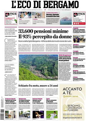 Prima pagina L'Eco di Bergamo di oggi - Quotidiano regionale
