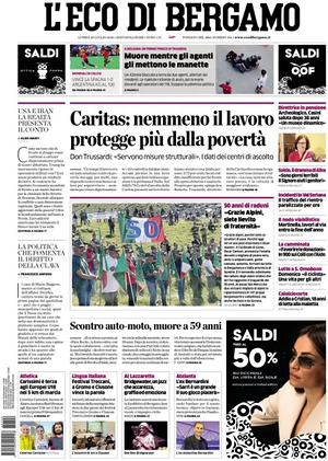 Prima pagina L'Eco di Bergamo di oggi - Quotidiano regionale