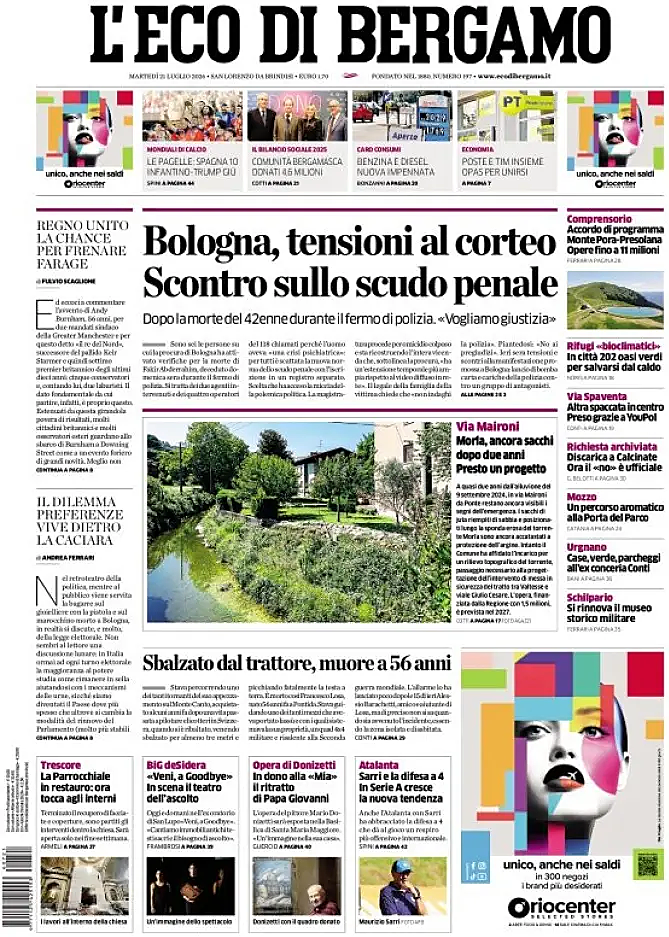 Prima pagina L'Eco di Bergamo di oggi - Edicola 21 Luglio 2026
