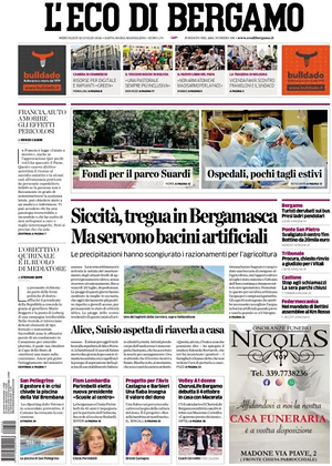 Prima pagina L'Eco di Bergamo di oggi - Quotidiano regionale