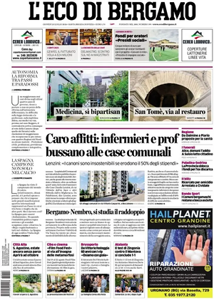Prima pagina L'Eco di Bergamo di oggi - Quotidiano regionale