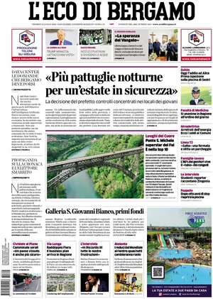 Prima pagina L'Eco di Bergamo di oggi - Quotidiano regionale