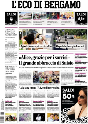 Prima pagina L'Eco di Bergamo di oggi - Quotidiano regionale