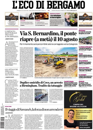 Prima pagina L'Eco di Bergamo di oggi - Quotidiano regionale