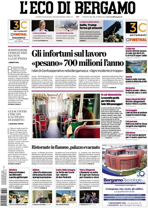 Prima pagina L'Eco di Bergamo di oggi - Quotidiano regionale