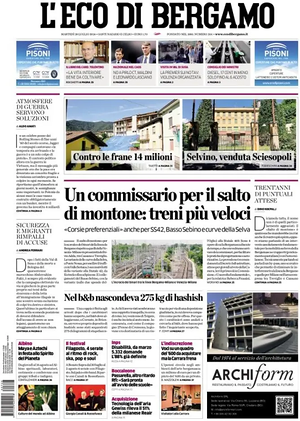 Prima pagina L'Eco di Bergamo di oggi - Quotidiano regionale
