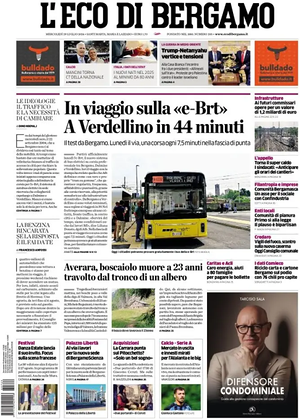 Prima pagina L'Eco di Bergamo di oggi - Quotidiano regionale
