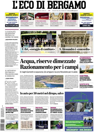 Prima pagina L'Eco di Bergamo di oggi - Quotidiano regionale