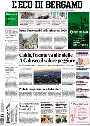 Prima pagina L'Eco di Bergamo di oggi - Quotidiano regionale
