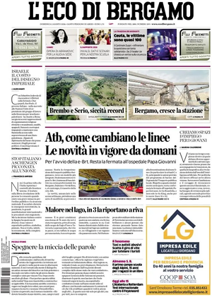Prima pagina L'Eco di Bergamo di oggi - Quotidiano regionale