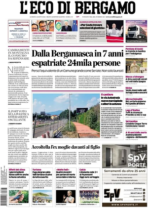 Prima pagina L'Eco di Bergamo di oggi - Quotidiano regionale