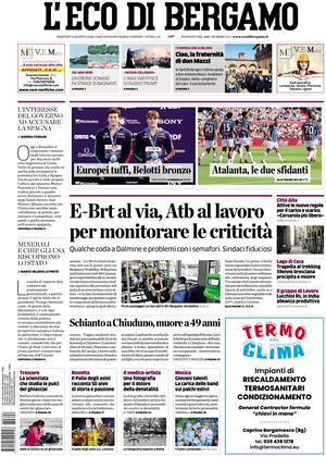 Prima pagina L'Eco di Bergamo di oggi - Quotidiano regionale