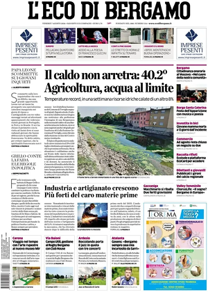 Prima pagina L'Eco di Bergamo di oggi - Quotidiano regionale
