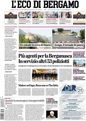 Prima pagina L'Eco di Bergamo di oggi - Quotidiano regionale